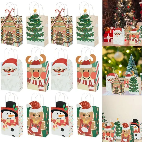 12Pcs Christmas Gift Bag With Handles 6 Designs Christmas Party Treat Bag Reusable Goody Candy Cookie Bags Cute Cartoon Santa Claus Gingerbread Man Gift Wrapping Bags For Xmas Party Supplies